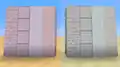 Links die 15w14a mit Shader "love.json", rechts die 1.8.3 ohne diesen Shader, die Rosafärbung und die intensiveren Farben sind deutlich zu erkennen