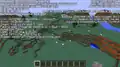 Verschneite Tundra ohne Schnee; im Debug-Bildschirm ist das Biom "Ice Plains" (= verschneite Tundra) zu sehen, auch der Shader "love.json" wird angezeigt