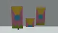 Ein stehendes und zwei hängende Banner.