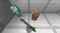 Von links nach rechts: Ein Stapel Fackeln, ein 64er Stapel Sand, ein Erdblock, ein Eisenschwert und ein Diamant.