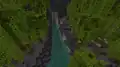 Eine Schlucht in einem Mangrovensumpf, gefüllt mit Wasser, in dem Tropenfischen schwimmen.