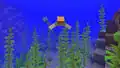Der Spieler schwimmt mit einem Dreizack in der Hand unter Wasser umher.