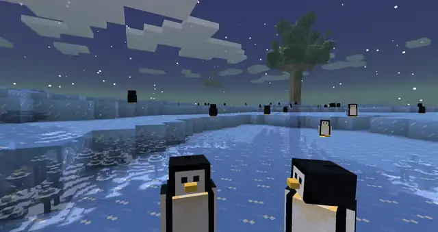 Ein Gletscher, mit Pinguinen