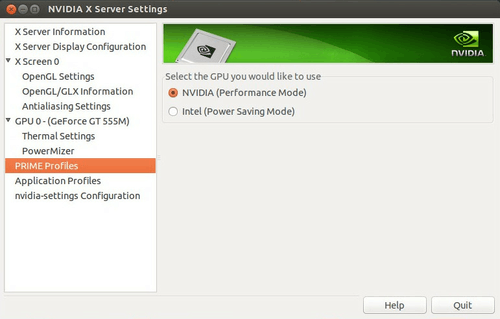Ubuntu 12.04.4: zwischen Stromspar- und voller Grafikleistung wählen, danach An- und Abmelden ./nvidia-prime-profiles-1.jpg