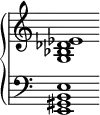 
\new PianoStaff \with {
  \omit Score.SpanBar
  \omit Score.BarLine
  \omit Score.TimeSignature
} <<
  \new Staff \relative c' {
    \clef "treble" <ees des bes g>1 }
  \new Staff \relative c {
    \clef "bass" <e b gis e>1 }
>>
