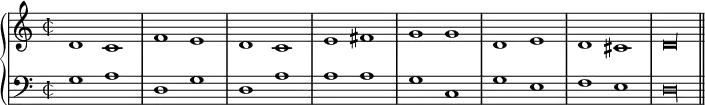 \version "2.14.2"
\header {
tagline = ##f
}
upper = \relative c' {
\set Score.skipBars = ##t
\autoBeamOff
\time 2/2 \override Staff.TimeSignature.style = #'mensural
\tempo 2 = 88
{ d1 \bar "" c f \bar "" e d \bar "" c e \bar "" fis g \bar "" g d \bar "" e d \bar "" cis \override NoteHead.style = #'baroque d\longa \bar "||" }
}
lower = \relative c' {
\clef bass
\time 2/2 \override Staff.TimeSignature.style = #'mensural
{ g1 a d, g d a' a a g c, g' e f e \override NoteHead.style = #'baroque d\longa }
}
\score {
\new PianoStaff <<
\new Staff = "upper" \upper
\new Staff = "lower" \lower
>>
\layout {
\context {
\Score
\remove "Metronome_mark_engraver"
}
}
\midi { }
}