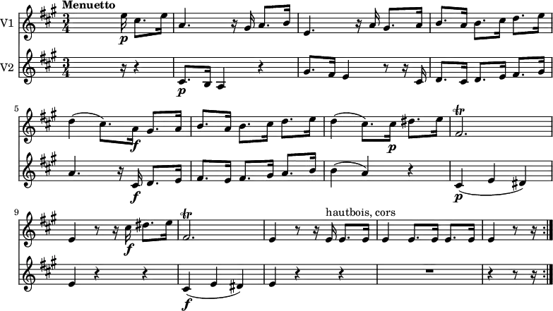 
<< 
  \new Staff \with { instrumentName = #"V1 "}  
  \relative c'' {
    \version "2.18.2"
    \key a \major
    \tempo "Menuetto"
    \tempo 4 = 110
    \time 3/4
     s4 s8. e16 \p  cis8. e16
     a,4. r16 gis16 a8. b16
     e,4. r16 a16 gis8. a16
     b8. a16 b8. cis16 d8. e16
     d4 (cis8.) a16 \f gis8. a16
     b8. a16 b8. cis16 d8. e16
     d4 (cis8.) cis16\p dis8. e16
     fis,2. \trill
     e4 r8 r16 cis'16 \f dis8. e16
     fis,2.\trill 
     e4 r8 r16 e16^\markup {hautbois, cors} e8. e16
     e4 e8.  e16 e8. e16
     e4 r8 r16 \bar ":|."
  }
  \new Staff \with { instrumentName = #"V2 "}
  \relative c'' {
    \key a \major
    \time 3/4
   s4 s8.  r16 r4 
   cis,8.\p b16 a4 r4 
   gis'8. fis16 e4 r8 r16 cis16
   d8. cis16 d8. e16 fis8. gis16
   a4. r16 cis,16 \f  d8. e16
   fis8. e16 fis8. gis16 a8. b16
   b4 (a) r4
   cis,\p (e dis)
   e r4 r4
   cis4\f (e dis) 
   e r4 r4
   R2. r4 r8 r16 \bar ":|."
  }
>>

