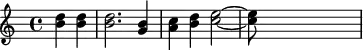 {\time 4/4 \skip2 <b' d''>4 <b' d''> <b' d''> 2. <g' b'>4 <a' c''> <b' d''> <c'' e''>2~<c'' e''>8 \skip8 \skip2.}