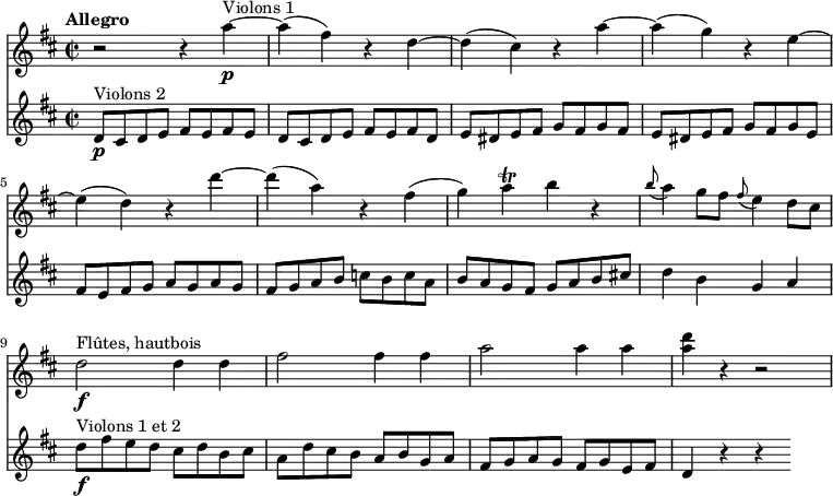 <<
\new Staff
\relative c'' {
\version "2.18.2"
\clef "treble"
\tempo "Allegro"
\key d \major
\time 2/2
\tempo 4 = 160
r2 r4 a'4\p ^\markup{Violons 1} ~
a (fis) r4 d ~
d (cis) r4 a' ~
a (g) r4 e ~
e (d) r4 d' ~
d (a) r4 fis
(g) a\trill b r4
\grace b8 (a4) g8 fis \grace fis8 (e4) d8 cis
d2\f^\markup{Flûtes, hautbois} d4 d
fis2 fis4 fis
a2 a4 a
<a d> r4 r2
}
\new Staff
\relative c'' {
\clef "treble"
\tempo "Andante"
\key d \major
\time 2/2
d,8\p^\markup{Violons 2} cis d e fis e fis e
d8 cis d e fis e fis d
e dis e fis g fis g fis
e dis e fis g fis g e
fis e fis g a g a g
fis g a b c b c a
b a g fis g a b cis!
d4 b g a
d8\f^\markup{Violons 1 et 2} fis e d cis d b cis
a d cis b a b g a
fis g a g fis g e fis
d4 r4 r4
}
>>