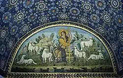 Christus als Guter Hirte; ca. 425–430; Mosaik; Breite; Mausoleum der Galla Placidia (Ravenna), Italien)