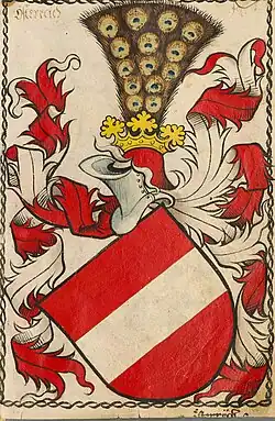 Österreich unter Habsburg: Der Bindenschild Österreichs, Stechhelm mit Pfauenstoß der Habsburger und Helmdecke in rot und silber, wie das Wappen Scheibler, 15./16. Jh.