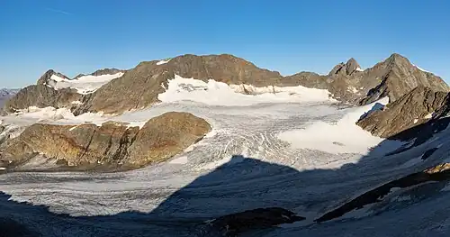 Ausblick vom Becherhaus nach Westen auf Übeltalferner, Sonklarspitze, Zuckerhütl, Wilder Pfaff und Müllerhütte