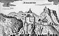 Die noch komplette Burg um 1680, im Hintergrund (Ri. Südosten) die Ruinen der schon damals zerfallenen Burg Eckenstein (Ekenštajn)