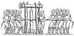 Gezeichnete Abbildung von elf Personen, die mithilfe einer Konstruktion aus Baumstämmen und Seilen durch Reibung ein Feuer entfachen.