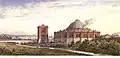 Dampflokomotivenhalle der Nikolai-Eisenbahn (1850er Jahre, Aquarell von Żelaziewicz)[2]