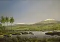 Ölgemälde Hilo from the Bay von James Gay Sawkins mit den schneebedeckten Gipfeln von Mauna Loa und Mauna Kea im Hintergrund