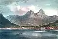 Brunnen im 19. Jahr­hundert. Im Hintergrund die Mythen (Litho)