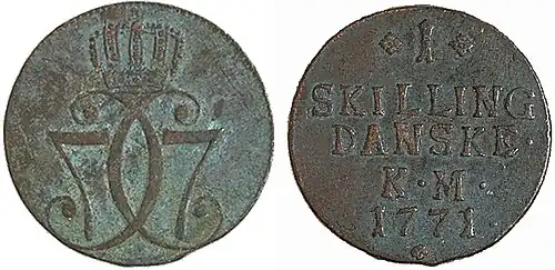 Die 1-Schilling-Kupfermünze von 1771.