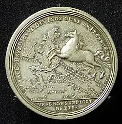 Silbermedaille mit Welfenross geprägt anlässlich des Regierungsantritts der Welfen in London 1714