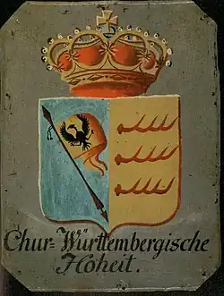 Kurfürstlicher Herzschild von 1805, der die Hirschstangen und die Reichssturmfahne hervorhebt