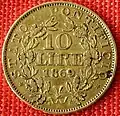 10&nbsp;Lire Vatikan Gold 1869, Raugewicht 3,23&nbsp;g =&nbsp;2,9&nbsp;g Feingold