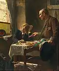 „Eine Zigarette“ in einem Berliner Gasthaus; 1889 im Crystal Palace in London mit der Bronzemedaille ausgezeichnet; Öl auf Leinwand, 65,5 × 55 cm; Dorotheum in Wien