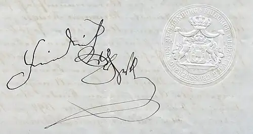 Unterschrift und geprägtes Siegel von Großherzog Friedrich Wilhelm (1899)