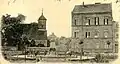 Dorfkirche und Schulgebäude mit Denkmal für Kaiser Wilhelm&nbsp;I. 1899