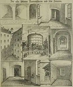 Inneres des vor einem vermeintlichen Abriss ausgeräumten Narrenturms (1902).
