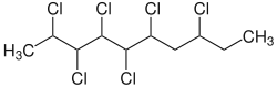 Struktur von 2,3,4,5,6,8-Hexachlordecan als Beispiel eines kurzkettigen Chlorparaffins mit einem Chlorgehalt von 61 Massenprozent