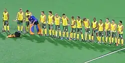 Die Hockeynationalmannschaft der Männer vor ihrem Gruppenspiel gegen das Vereinigte Königreich 2008