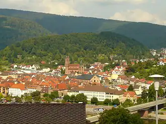 Der Ohrsberg von Süden über dem Stadtkern von Eberbach