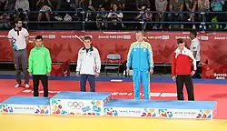 Daniel Leutgeb bei der Siegerehrung bei den Youth Olympic Games 2018