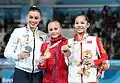 Ehrung der Siegerinnen im Gerätefinale am Stufenbarren (von links nach rechts): Giorgia Villa (Silber), Xenija Klimenko (Gold), Tang Xijing (Bronze)