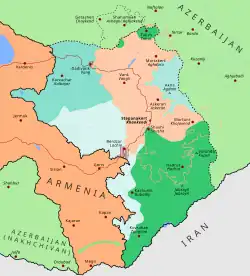 Karte der Gebietsverluste Arzachs durch den Krieg 2020