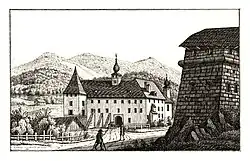Die Sternschanze (rechts) und Schloss Sauerbrunn, Lithografie von J.F.Kaiser, 1830