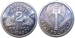 Revers und Avers einer 2&nbsp;Francs-Münze (1943)