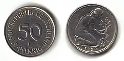 50-Pfenning-Münze (Vorderseite links, Rückseite rechts)