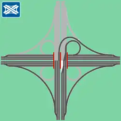 „Trompete“, vor dem Ausbau zum vollen Kleeblatt, angewendet an den Autobahnkreuzen Ratingen-Ost, Dortmund-Nordwest und am Seligenstädter Dreieck