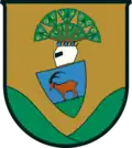 Schwebend (Figur berühren nicht den Schildrand) das Wappen der Herren von Wartenfels (als Vollwappen, genau blasoniert; Thalgau, AT)