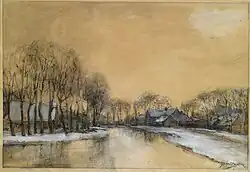 Jan Hillebrand Wijsmuller (undatiert): Winterlandschaft mit Häusern entlang eines Kanals, Privatbesitz.