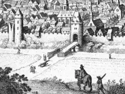 Hölzerne Wehrerker auf der Stadtmauer von Aachen, Merian 1647
