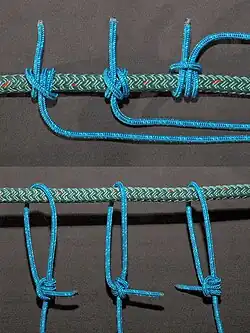 Vergleich von Stoppersteken mit den entsprechenden verstellbaren Schlaufen: Knüpft man verstellbare Schlaufen anstelle um dieselbe Leine um ein Objekt (Pfahl, Ring, Tau) entstehen Stoppersteke. Oben v.l.n.r: Stopperstek 1 (ABOK #1734), Stopperstek 2 (#1735), Magnusstek (#1736). Unten v.l.n.r: Topsegelschotstek (#1800), Mittschiffsmann-Stek (#1799), Topsegelschotstek mit dem letzten halben Schlag entgegengesetzt gebunden (#1857). Der Topsegelschotstek[3] diente auf alten Segelschiffen zum Befestigen der Schot am Topsegel, daher der Name. Im Ashley-Buch der Knoten wird er nur als Regulierbarer Stek[4] bezeichnet. Als Zeltspanner ist er auch als „Buckelknoten“ bekannt.[5]