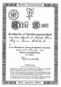 Aktie der Bonner Preußenkneipe, gezeichnet von Wilhelm&nbsp;II.
