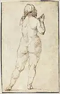Albrecht Dürer: Weiblicher Akt betend, um 1497/1500, Zeichnung mit Feder und brauner Tinte auf Büttenpapier