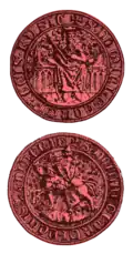 Siegel von König Bolesław Georg II., das einen Ritter zu Pferd mit einem Löwen auf dem Wappen bezeichnet, 14. Jahrhundert