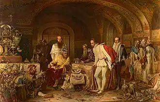 Alexander Dmitrijewitsch Litowtschenko: Iwan der Schreckliche zeigt dem Botschafter von Königin Elisabeth I. seine Schätze. Gemälde aus dem Jahr 1875