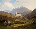 Blick auf Burg Kranichberg, im Hintergrund der Schneeberg