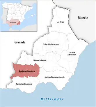 Die Lage der Comarca Alpujarra Almeriense in der Provinz Almería