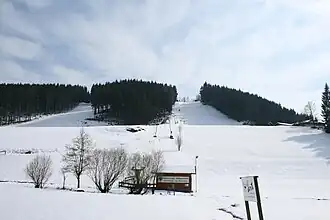 Nordflanke des Großen Bohnstein mit Skilift und -pisten des Skigebietes Hesselbach (April 2008)